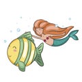 Young beautiful little mermaid swims with big striped fish. Royalty Free Stock Photo